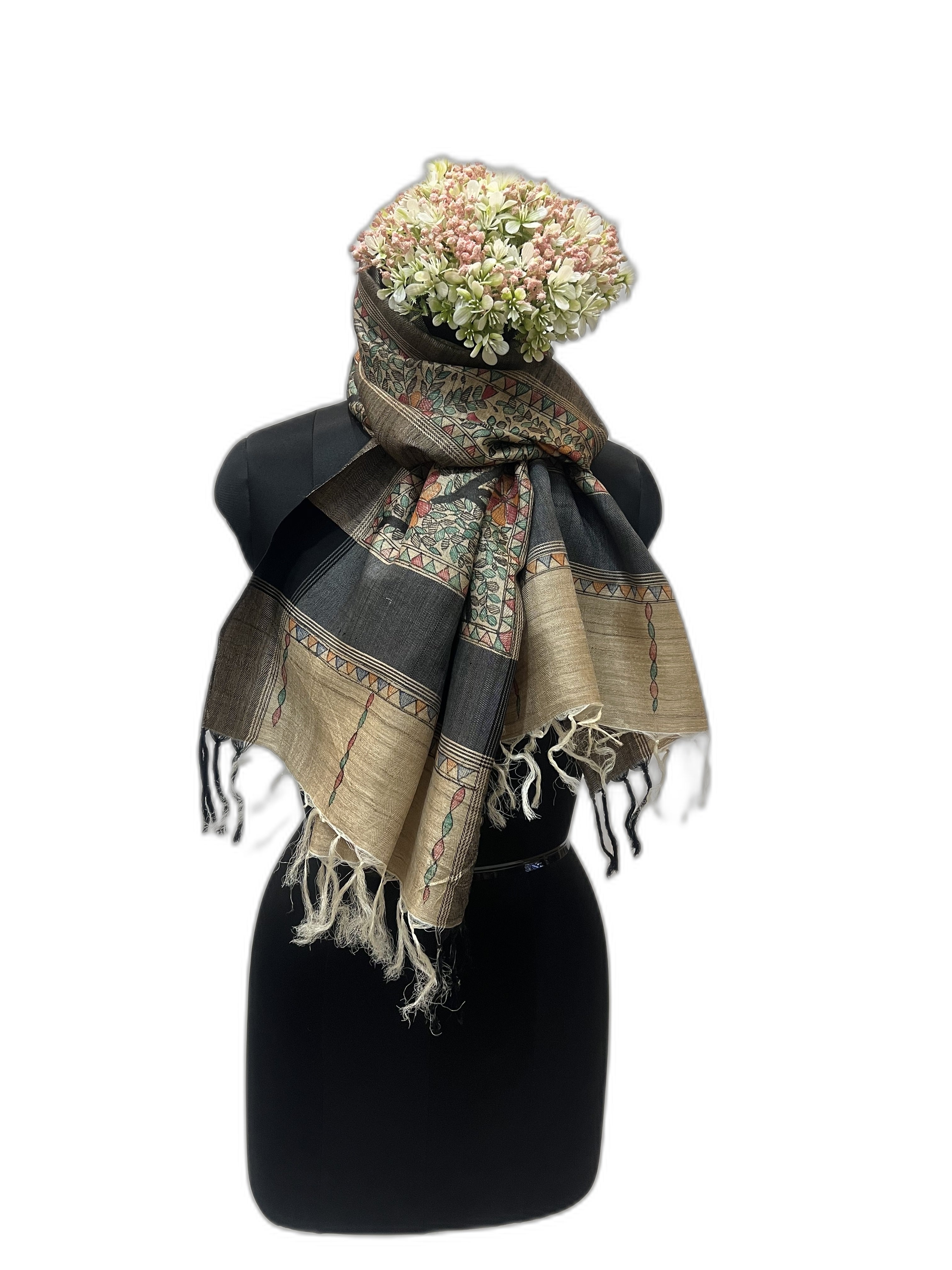 All Over Handpainted Madhubani in Tussar Pashmina Silk Stole with Black Border